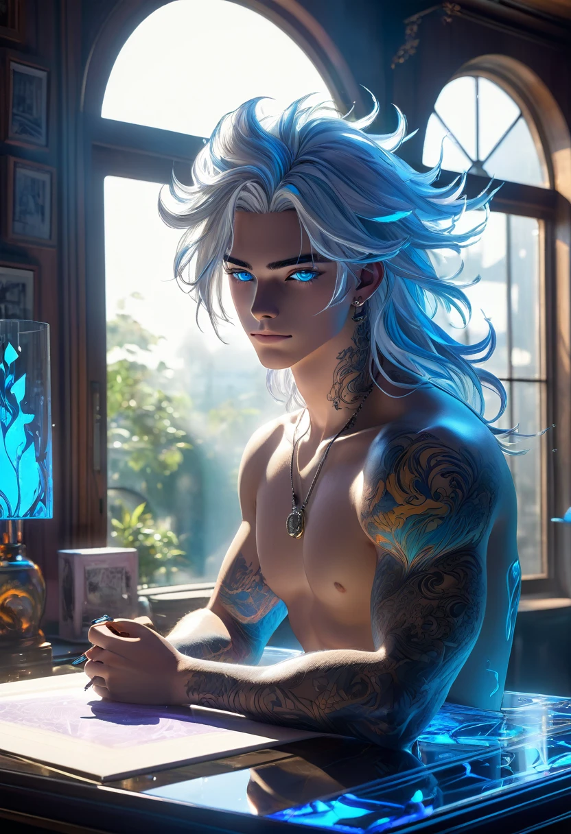 full view of a gorgeous anime male beautifulsensual,25 years old, blue pastel eyes, white wisp silky long hair pulled up, freckles, piercings and tattoo foil masterpiece neon body art, drawing on a high tech glass draft drawing table, with blue print works of luxury apartments strewn about, a ghostly, solid white whispy, smokey phantom ghoul of a handsome male stands near perfect composition of a beautiful large bay window, a garden is in view out the window, the sun shines within a gorgeous cottage structure image in 32k resolution. The scene is illuminated by an alluring backlight and a light-blue ambient light, which cast a breathtaking glow on a crystal and glass structure, that appears to be a piece of transparent, 3D, sci-fi technology.setting, glass texture, super reflective, 32 k, unreal engine 5, hyperrealistc, This technology exhibits intricate details and is super reflective. An anime-inspired high-textured glass, ultra-quality matte, yet radiates neon light. The overall image has deeply saturated complementary colors, adding a fantastical element to the overall concept art. This entire set-up appears to be an engaging splash screen for a trending Unreal Engine game. Please make this as detailed and photorealistic as possible, akin to a high-quality matte painting. detailed intricate insanely detailed, octane render trending on artstation, 32 k artistic photography, photorealistic concept art, soft natural volumetric cinematic perfect light, chiaroscuro,