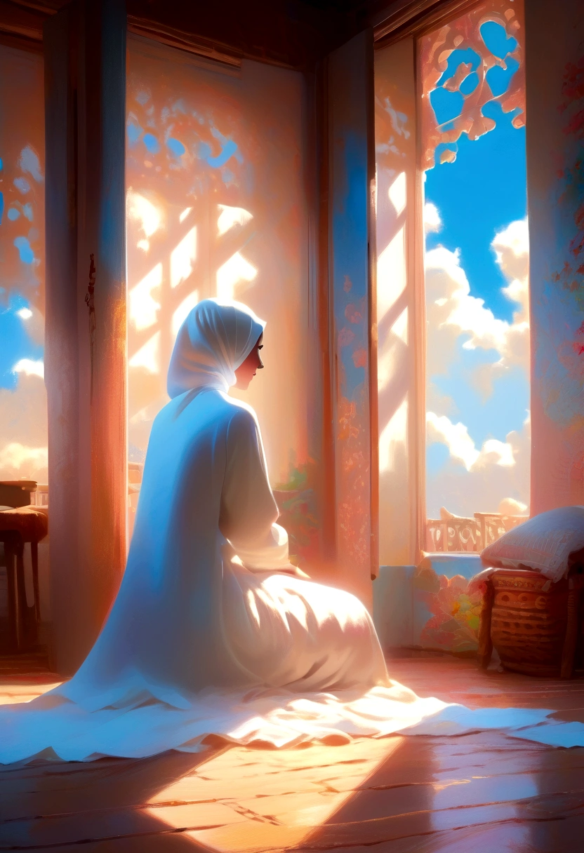 the girl is wearing a simple white hijab, long hijab, she is wearing a very long simple white dress, the dress covers her legs, the dress has long sleeves, ((loose white dress)), wide dress, back view, back view, the girl is sitting on a chair The wood in the room is exposed to a tinge of blue light from outside. In the window of the room you can see a bright blue sky and glowing white clouds,