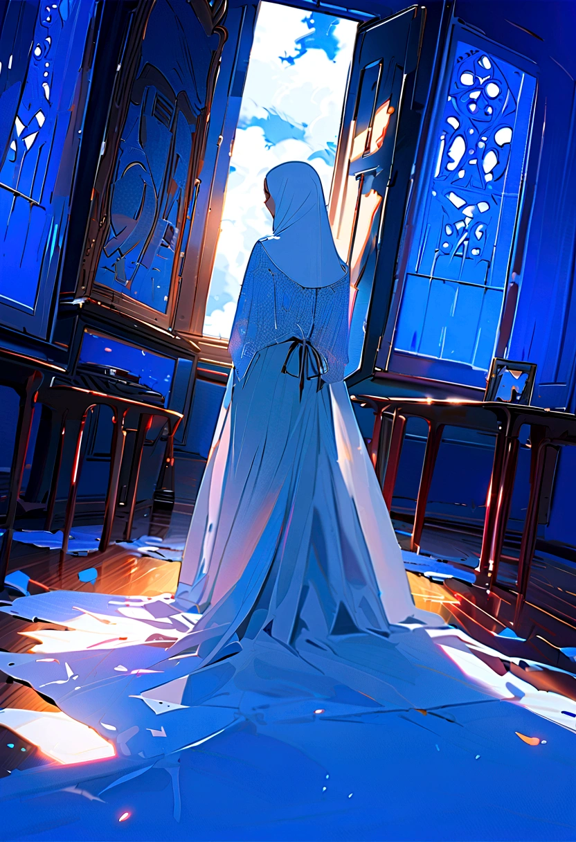 the girl is wearing a simple white hijab, long hijab, she is wearing a very long simple white dress, the dress covers her legs, the dress has long sleeves, ((loose white dress)), wide dress, back view, back view, the girl is sitting on a chair The wood in the room is exposed to a tinge of blue light from outside. In the window of the room you can see a bright blue sky and glowing white clouds,