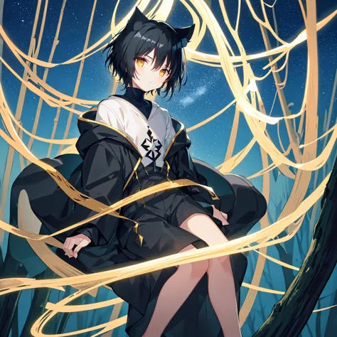 beautiful boy with short black hair, cat ear, and golden eyes, wearing a black cloak and hood, shorts, sitting on a tree branch ...