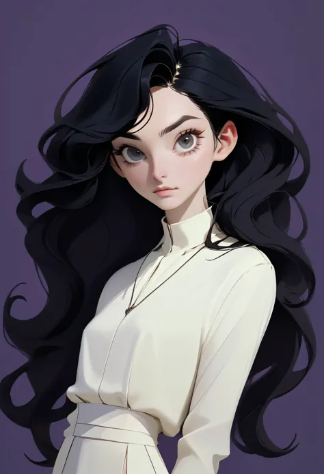 (Androgynous person), (white skin, pale skin), (long hair, black hair, loose hair, wavy hair, hair framing the face), (oval thin...