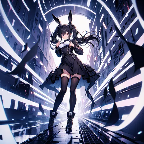 A girl，Black long hair，Black Wings，Bunny ears，Jumping，boots，Bow，Industrial area background，（White background 1.5）