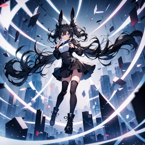 A girl，Black long hair，Black Wings，Bunny ears，Jumping，boots，Bow，Industrial area background，（White background 1.5）