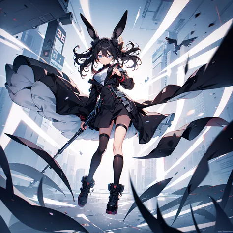 A girl，Black long hair，Black Wings，Bunny ears，Jumping，boots，Bow，Industrial area background，（White background 1.5）