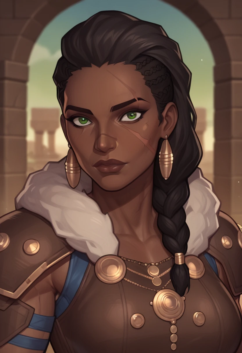 (((beautiful, high quality, perfect eyes, comics style))), upper body, score_9, score_8_up, score_7_up, 1girl, (((mature african woman, +dark skin female:1.1, +dark-skinned))), scar on face,black hair,greeneyes,side braid, leather armor,fur trim, fantasy background, blurred background, easynegative