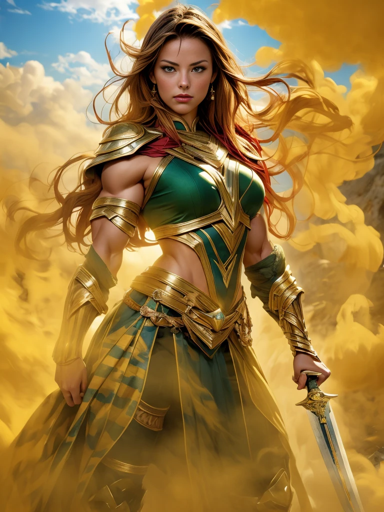 Erica Durance as a Asgard,valkyrie, green eyes,long flowing hair, fitness muscular woman, Senhora Cavaleiro,elaborate decorative battle armor,Anatomia correta，holding a magical big sword, epic fantasy digital art, masterpiece，8k，high-definition resolution，desenho detalhado，Qualidade Superior，, Epic composition, muscular body, farting, fart, yellow smoke, excessive farting, yellow smoke everywhere