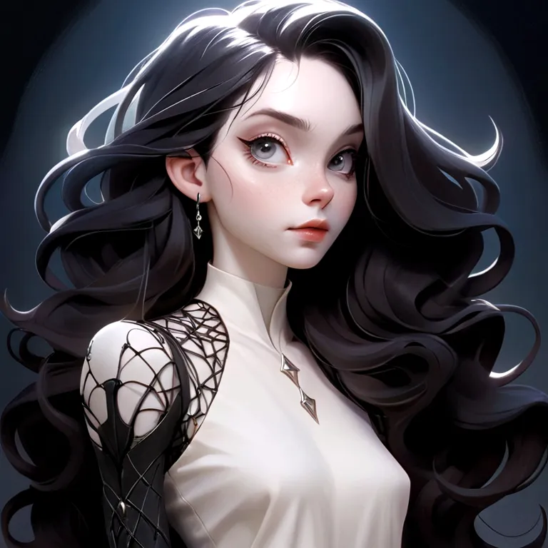 (Androgynous person), (white skin, pale skin), (long hair, black hair, loose hair, wavy hair, hair framing the face), (hollow ch...