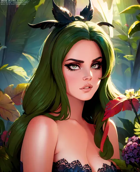beautiful detailed eyes, beautiful detailed lips, extremely detailed eyes and face, long eyelashes, 1 woman, Lana del Rey, green...