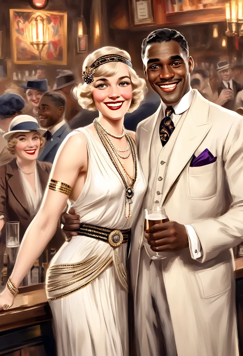 Black man dressed in a 1920s style African attire and white woman dressed in 1920s style European attire, both smiling at the viewer. In a bar full of joyous people. 1920s style of art.