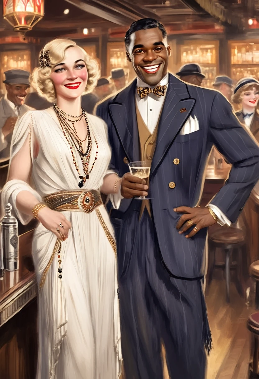 Black man dressed in a 1920s style African attire and white woman dressed in 1920s style European attire, both smiling at the viewer. In a bar full of joyous people. 1920s style of art.