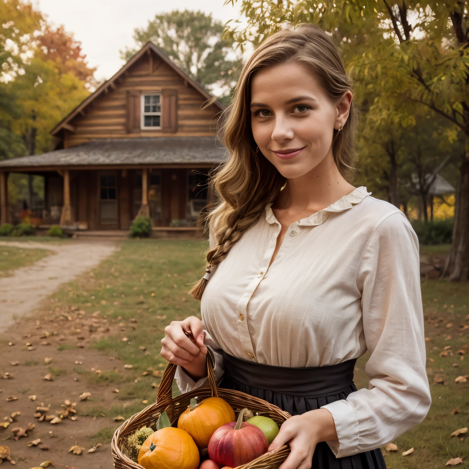 Noviembre – Gratitud y Acción de Gracias En la página del calendario de noviembre, LaGermania se encuentra en medio de una granja histórica en Plymouth, Massachusetts. Lleva un atuendo inspirado en los peregrinos en tonos dorados y marrones coloniales., Su delantal y cofia de lino reflejan la sencillez y la artesanía de los primeros colonos americanos.. El cabello rubio de LaGermania está peinado en una corona trenzada., Adornado con hojas otoñales que brillan con tonos dorados.. Su expresión es feliz y curiosa., Con una cálida sonrisa que encarna el espíritu de gratitud y Acción de Gracias.. El fondo presenta cornucopias rebosantes de calabazas y calabacines., Con mesas preparadas para una comida festiva y un granero rústico a lo lejos.. Las texturas tejidas y los detalles cosidos a mano del atuendo evocan el espíritu pionero de la Nueva Inglaterra colonial con el telón de fondo de colinas onduladas y follaje otoñal.. La postura de LaGermania es humilde pero digna., Una mano sostiene ligeramente una cesta de manzanas recién recogidas mientras la otra descansa sobre una valla de madera., Sus tablas desgastadas reflejan las tradiciones perdurables de la cosecha y la comunidad.. La escena captura la belleza eterna del Día de Acción de Gracias en el corazón histórico de Estados Unidos., Invitando a los espectadores a celebrar la temporada de gratitud.