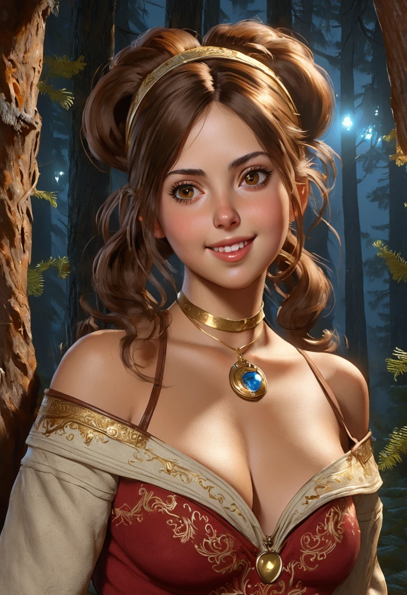 masterpiece, best quality, highly detailed, 1girl, solo, twintails, off-shoulder sweater, choker, large glasses, gold locket, jacket, hairband, looking at viewer, smile, blush, Wide Smile, Eyes Detailed & Wide, sexy Pose. Ultra HD, Rococo-Inspired Fantasy Art With Intricate Details. Cute, Charming Expression, Alluring-Gaze, looking at viewer Beautiful Eyes, An-Ideal-Figure. Large Youthful Well-Shaped-Breasts, Massive-Round-Bosom, Décolletage. slim waist, fit body, full lipsWarm lights , woman in a dreamy forest at night, with fluffy hair, delicate face, realistic, real, slim, large aperture, sexy shots, attractive poses,Stunnin gly beautiful merge of Scarlett Johanson. Alison Brie, Selena Gomez. symmetrical face, photorealistic, photography, path tracing, specular lighting, volumetric face light, path traced hairmaximum quality{(masutepiece) (8K High Resolution) (top-quality) In the style of breath of the wild.
