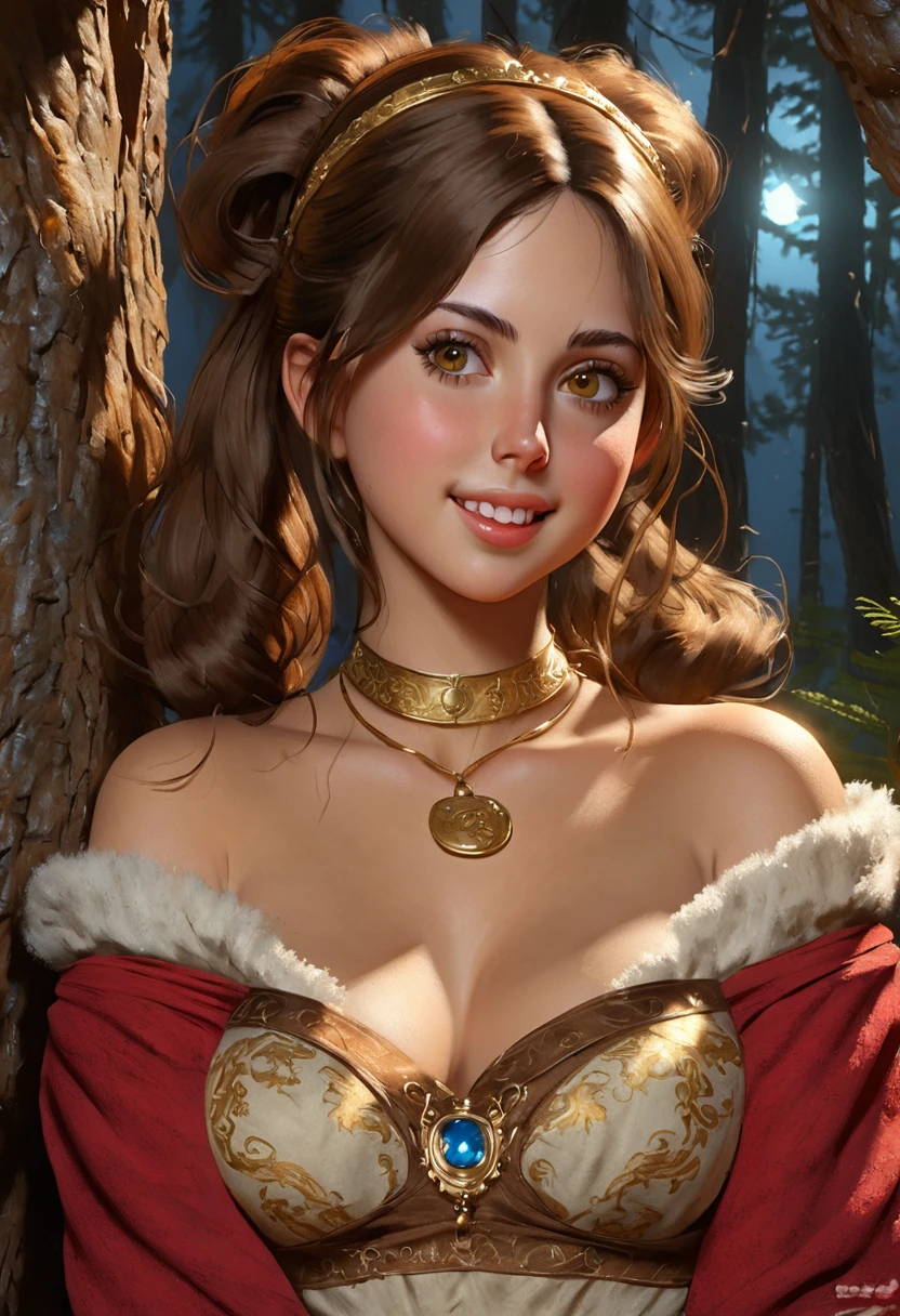 masterpiece, best quality, highly detailed, 1girl, solo, twintails, off-shoulder sweater, choker, large glasses, gold locket, jacket, hairband, looking at viewer, smile, blush, Wide Smile, Eyes Detailed & Wide, sexy Pose. Ultra HD, Rococo-Inspired Fantasy Art With Intricate Details. Cute, Charming Expression, Alluring-Gaze, looking at viewer Beautiful Eyes, An-Ideal-Figure. Large Youthful Well-Shaped-Breasts, Massive-Round-Bosom, Décolletage. slim waist, fit body, full lipsWarm lights , woman in a dreamy forest at night, with fluffy hair, delicate face, realistic, real, slim, large aperture, sexy shots, attractive poses,Stunnin gly beautiful merge of Scarlett Johanson. Alison Brie, Selena Gomez. symmetrical face, photorealistic, photography, path tracing, specular lighting, volumetric face light, path traced hairmaximum quality{(masutepiece) (8K High Resolution) (top-quality) In the style of breath of the wild.
