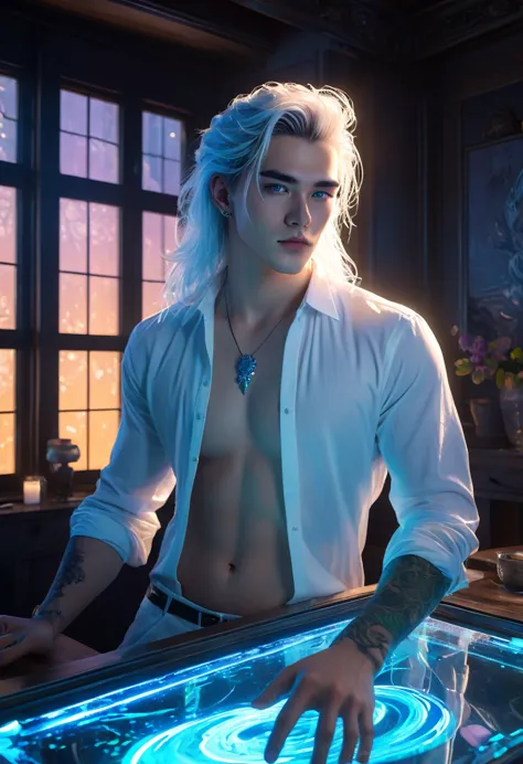 full view of a gorgeous anime male beautifulsensual,25 years old, blue pastel eyes, white wisp silky long hair pulled up, freckl...