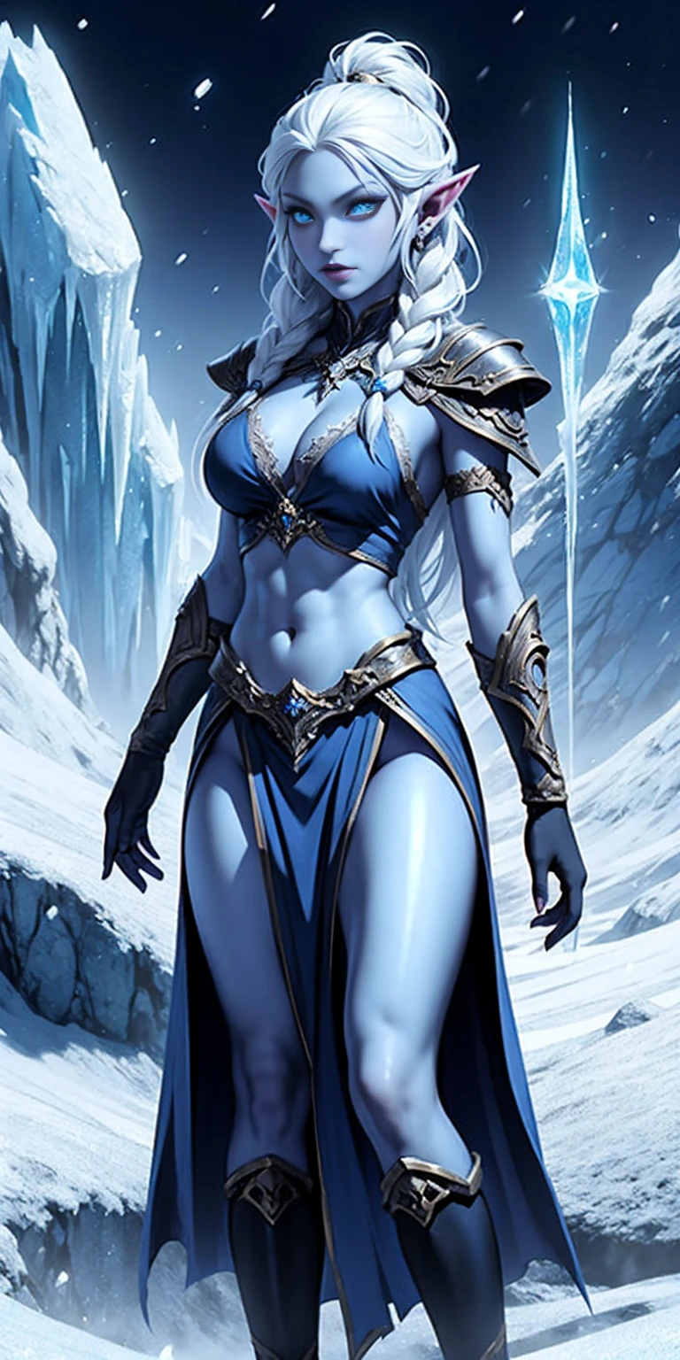 Blue skin, Frozen, Princess Zelda , rare, ice maiden, shiva loincloth armor, beautiful women, long icy hair, icy eyes, blue skin, winter village