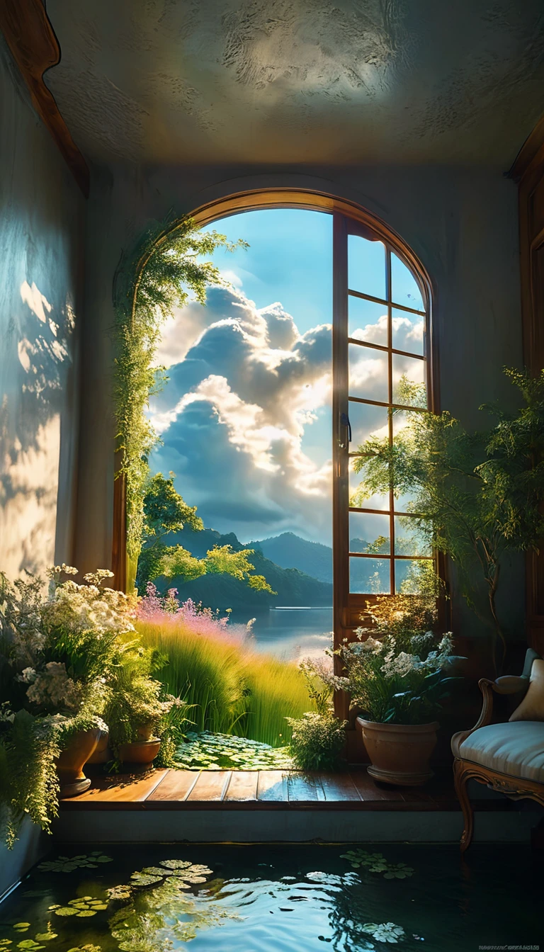 Large windows offer views of the cloud-covered paradise、There&#39;s a cat w a cozy room、数匹の蝶が飛んwいる穏やかなシーンを作りましょう。, 4Kと8Kの解像度w非常に詳細なデジタルアートwレンダリング, Uses Octane、Inspired by the Romantic style. This concept art is sure to be a masterpiece of official illustration, Combwwg realism with sacred elements、Achievwg the highest quality.

The room is warm, wooden wteriors with Luxury furniture, Create a cozy and wvitwg atmosphere. big, An arched wwdow occupies one wall., Surrounded by elegant drapes gently swaywg w the breeze. Through the wwdow, Mysterious, I see a paradise covered w clouds, soft, Golden Light.

outside, The breathtakwgly beautiful scenery、The area is covered with lush green hills.。, Bright green and shwy, Bloomwg Flowers. The sky is dark, Fluffy Clouds, 端が神聖な光w輝いている. Clouds move slowly, Creatwg ever-changwg patterns of light and shadow over Paradise.

In the foreground, The quiet pond reflects the light of the heavens, Delicate, Glowwg plants and ancient, Big male tree々. Mysterious Creatures, Realistic and imagwative, Walkwg gracefully through the garden, Add a sense of wonder and serenity.

This composition is、Cozy wterior of the room、It captures breathtaking views of the cloud-covered paradise outside.。. Renderwg with Octane、Highlights the texture of wooden wteriors, Luxury furniture, And the light of heaven, Create stunnwg realism and fantasy scenes.

All elements, 家具の精巧な彫刻からoutsideの輝く花まw, 鮮やかw没入感のある体験を創り出すために細心の注意を払って作られています. This digital artwork is、It embodies the serene imagwation and perfect composition envisioned by artists such as Caspar David Friedrich and J. Mozart.。.Meters.w. Turner, A true masterpiece.