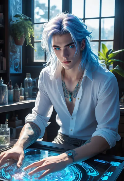 full view of a gorgeous anime male beautifulsensual,25 years old, blue pastel eyes, white wisp silky long hair pulled up, freckl...