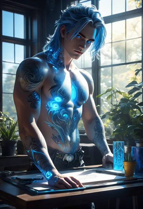 full view of a gorgeous anime male beautifulsensual,25 years old, blue pastel eyes, white wisp silky long hair pulled up, freckl...