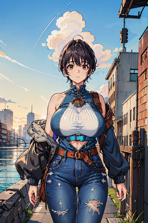 (masterpiece, best quality:1.2), 1 girl, Solitary , Sexy , Blue Jacket , Tailored jeans , (Cowboy shooting) , Black Hair ,  Whit...