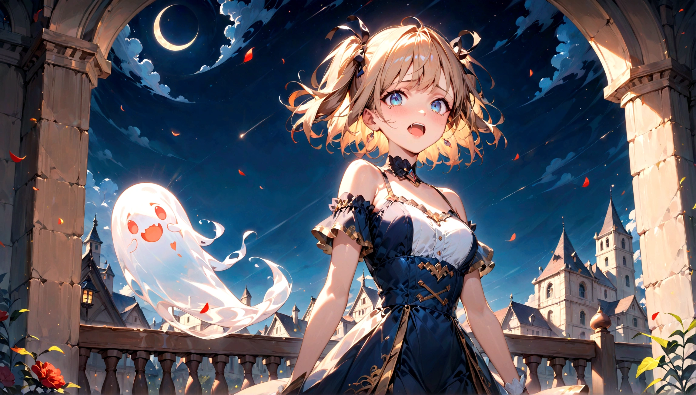 score_9, score_8_up, score_7_up, score_6_up, (masterpiece, top quality, best quality, official art, beautiful and aesthetic), centered, cowboy shot, beautiful illustration, best quality, cute girl, outdoor, at night, ghost, scared, sprinting, (tears:0.8), short twintails