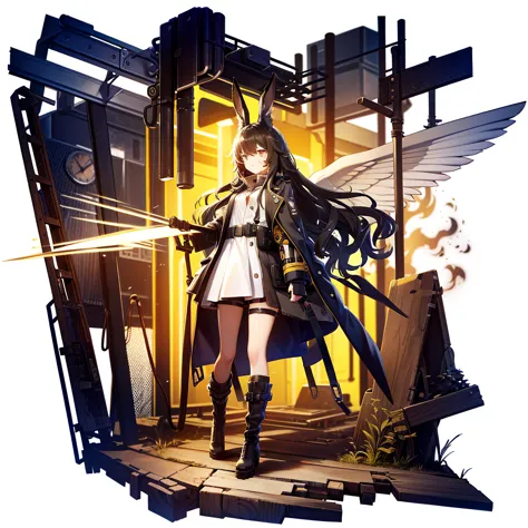 A girl，Black long hair，Black Wings，Bunny ears， Trench coat，Light-colored clothing，boots，dynamic，Industrial area background，（（Whi...