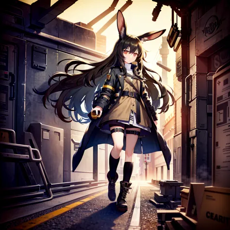 A girl，Black long hair，Black Wings，Bunny ears， Trench coat，Light-colored clothing，boots，dynamic，Industrial area background，（（Whi...