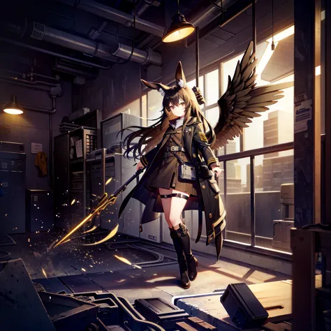 A girl，Black long hair，Black Wings，Bunny ears， Trench coat，Light-colored clothing，boots，dynamic，Industrial area background，（（Whi...