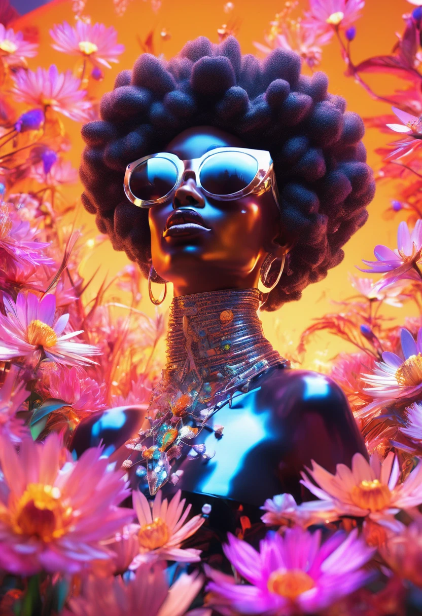 A luminescent 3D render of a black woman dressed in african attire and wearing sunglasses reclining amidst a kaleidoscopic garden of blossoming flowers, petals shimmering with an otherworldly glow, as dice fall from the sky, their scattered trajectory eerily reflected in the black woman's sunglasses, like a celestial omen. The image bursts with vibrant, exaggerated hues, reminiscent of Pixar's fantastical realms, illuminated by a dramatic ring light that underscores the surreal quality of this intergalactic oasis.