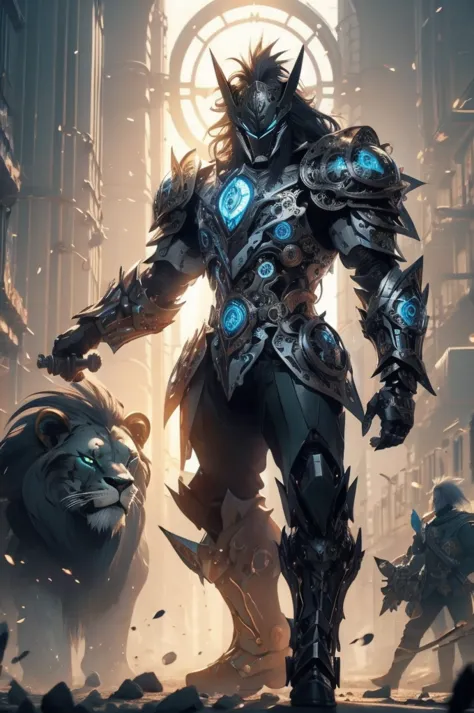 leonin, black clock armor, sword and shield, black lion, no helmet, mufasa, dark knight, black color