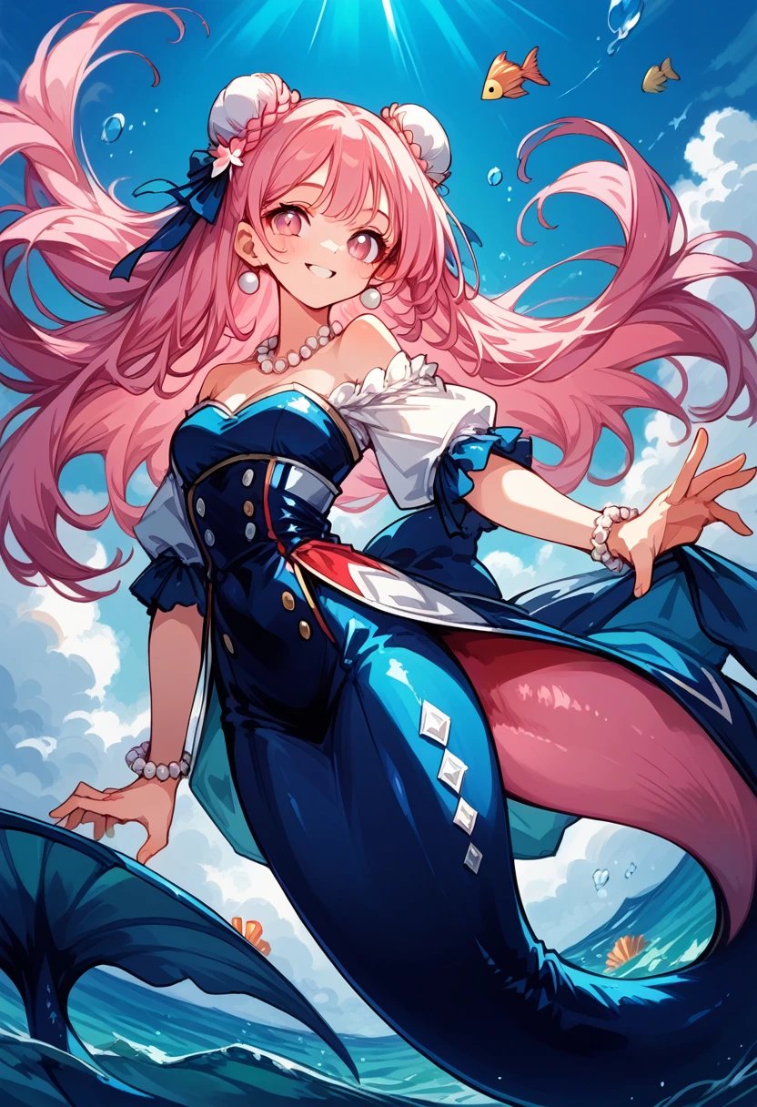 Very detailed, masterpiece, high quality, magically transformed into a mermaid、cute anthropomorphic mouse girl, Fantasy, Race change, smile, Anime Style, Mouse Ears, Long mermaid tail below waistline, pelvic and dorsal fins, She has a pair of fish gills on her neck, Seashell bra, pearl earrings and bracelet, Pearl Necklace,masterpiece, 最high quality, High resolution, {Detailed and beautiful eyes}, finely,  Detailed and beautiful eyes,1 Girl, (alone:1.5),  (Hair Ribbon:0.4), Pink Eyes,Cinematic Angles,perspective,(((White bun hair))),(((Long pink hair))),whole body,Kunimi Tama,