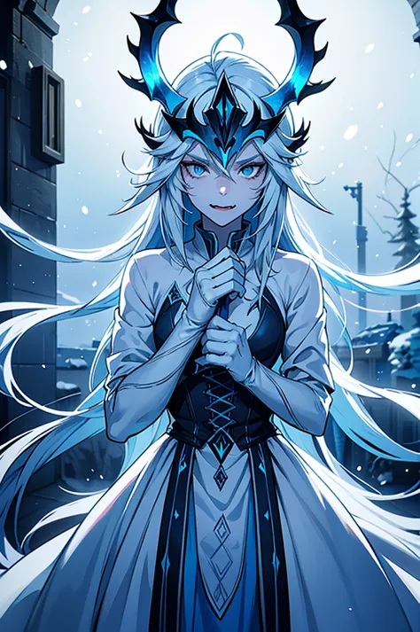 very white skinned entity, white eyes, light blue hair and animal ears, a mask with 2 long fangs and a cold and dark look and ic...