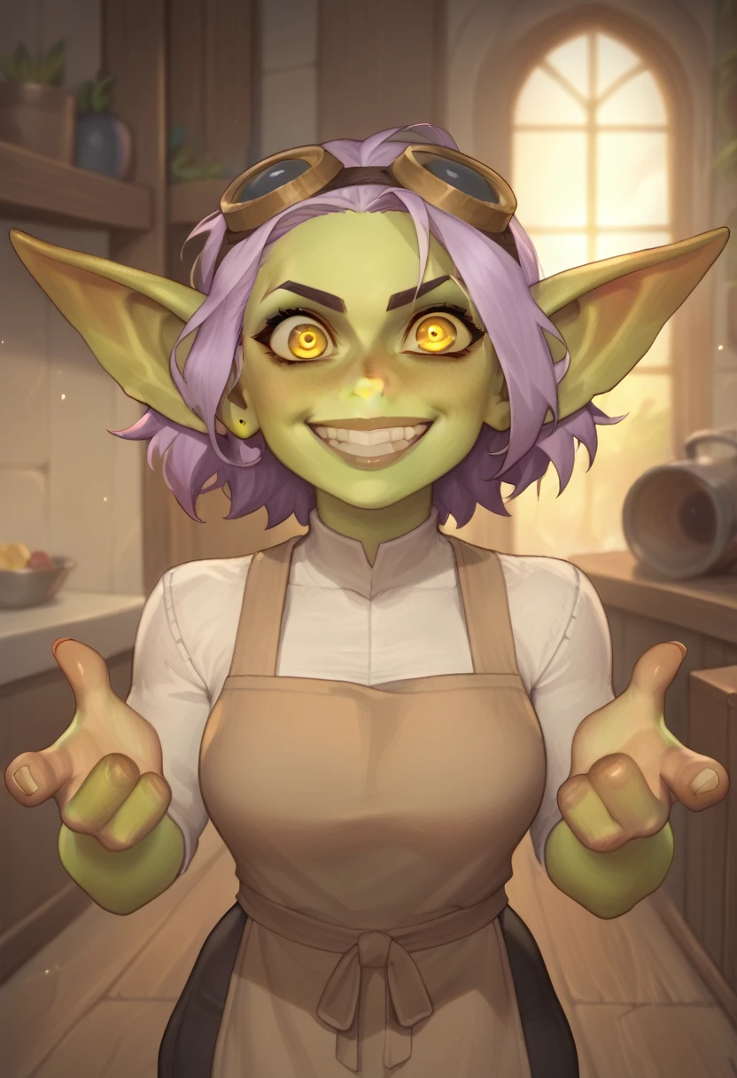 (((beautiful, high quality, perfect eyes, comics style))), ((upper body)), score_9, score_8_up, score_7_up, Goblin, short stature, shortstack, Goblin Girl, medieval blacksmith, craftsman, leather apron, (((yellow eyes))), ((goggles on forehead)), crazy eyes, crazy smile, ((lavender hair)), short messy hair, action pose, fantasy background, blurred background, easynegative