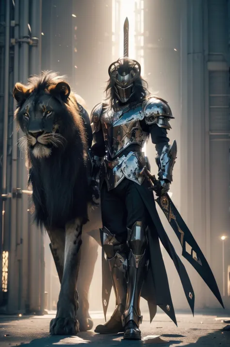 leonin, black clock armor, sword and shield, black lion, no helmet, mufasa, dark knight, black color, 1 male lion man