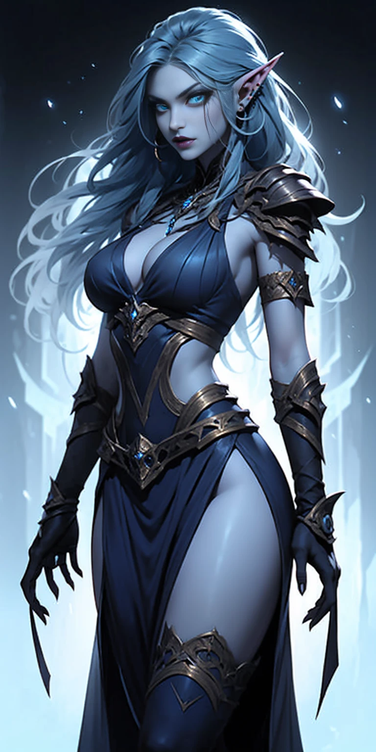 In a seamless blend of features, she possesses blue-azure skin, sharp elf-like ears, and a toned, athletic build. Her prominent fangs and piercing, icy-blue eyes add to her striking appearance. Dark blue hair cascades gracefully to her shoulders. Clad in fully enclosed attire, her outfit is predominantly azure with intricate brown accents and mystical engravings, evoking a medieval fantasy style. Broad, spiked pauldrons, reinforced gauntlets, and sturdy greaves complete her ensemble, highlighting a balance of elegance and otherworldly grace