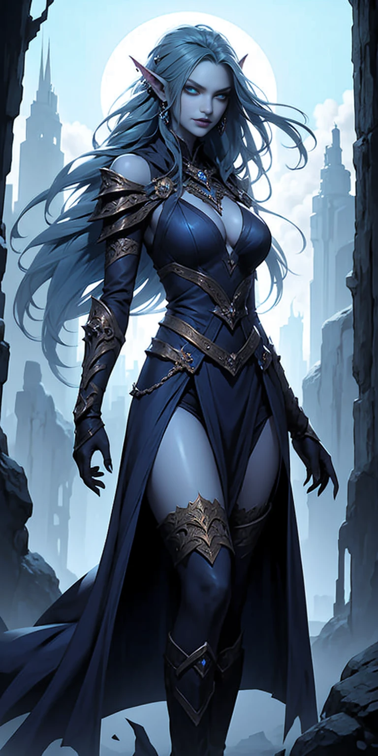 In a seamless blend of features, she possesses blue-azure skin, sharp elf-like ears, and a toned, athletic build. Her prominent fangs and piercing, icy-blue eyes add to her striking appearance. Dark blue hair cascades gracefully to her shoulders. Clad in fully enclosed attire, her outfit is predominantly azure with intricate brown accents and mystical engravings, evoking a medieval fantasy style. Broad, spiked pauldrons, reinforced gauntlets, and sturdy greaves complete her ensemble, highlighting a balance of elegance and otherworldly grace