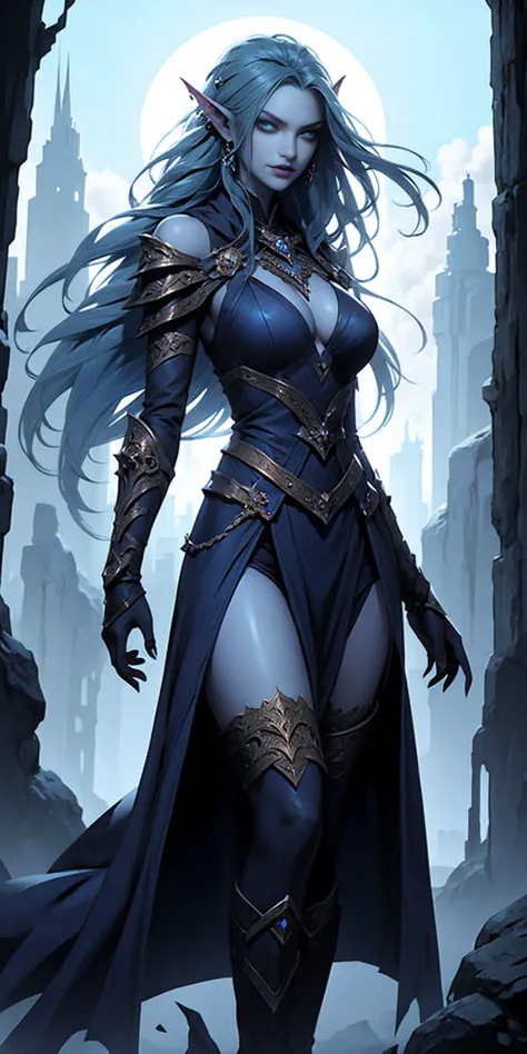 In a seamless blend of features, she possesses blue-azure skin, sharp elf-like ears, and a toned, athletic build. Her prominent ...