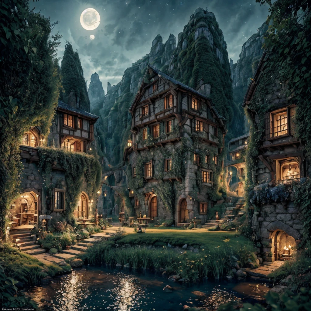 Eine atemberaubende Illustration einer Inseloase im Mondlicht, Isekai aus einer anderen Welt voller Magie, In ultrahoher Auflösung, beste Qualität, mittelalterliche Schauplätze