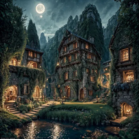 a stunning illustration of an island oasis under the moonlight, isekai from another world full of magic, in ultra-high resolutio...