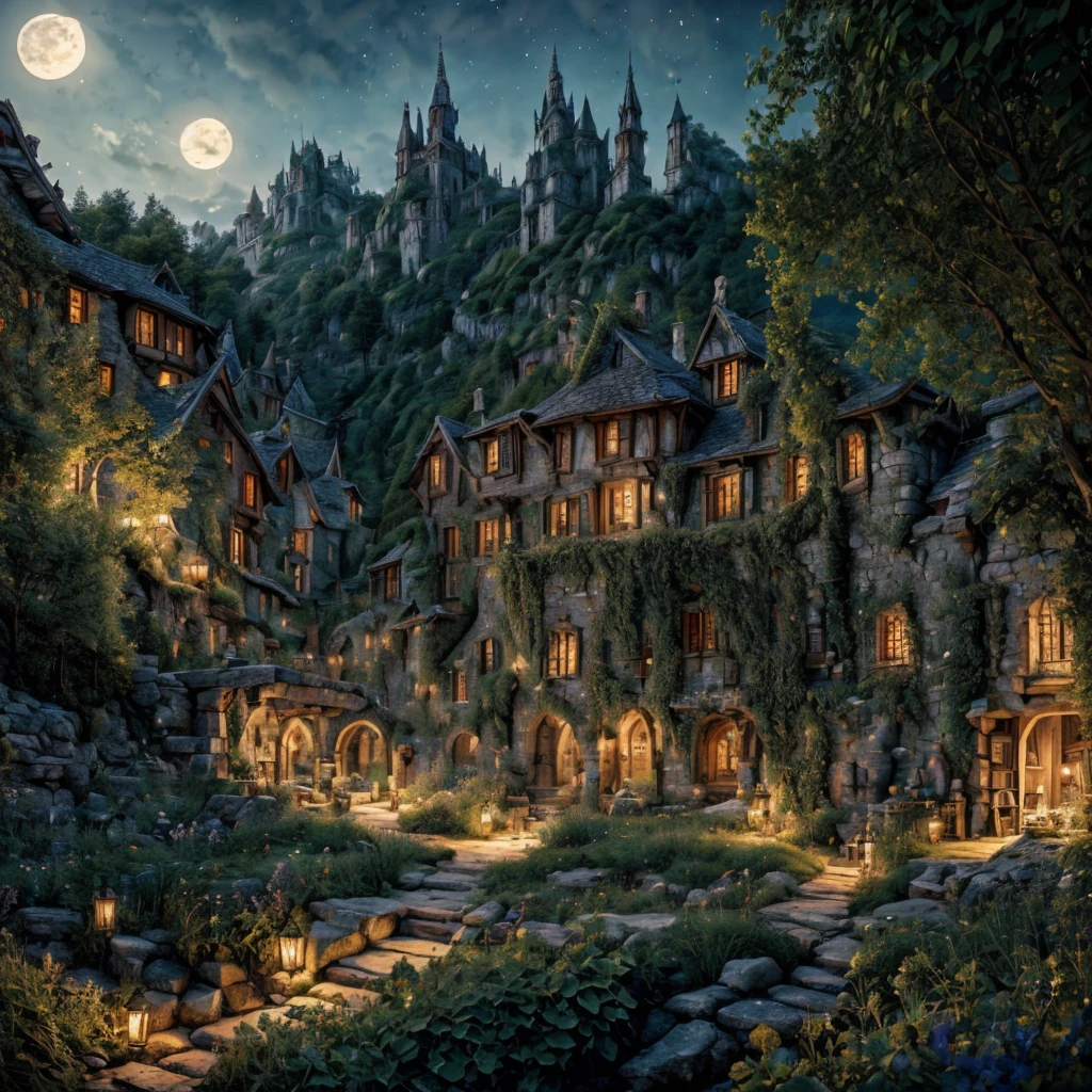 Потрясающая иллюстрация островного оазиса в лунном свете., исекай из другого мира, полного волшебства, В сверхвысоком разрешении, Лучшее качество, средневековые настройки