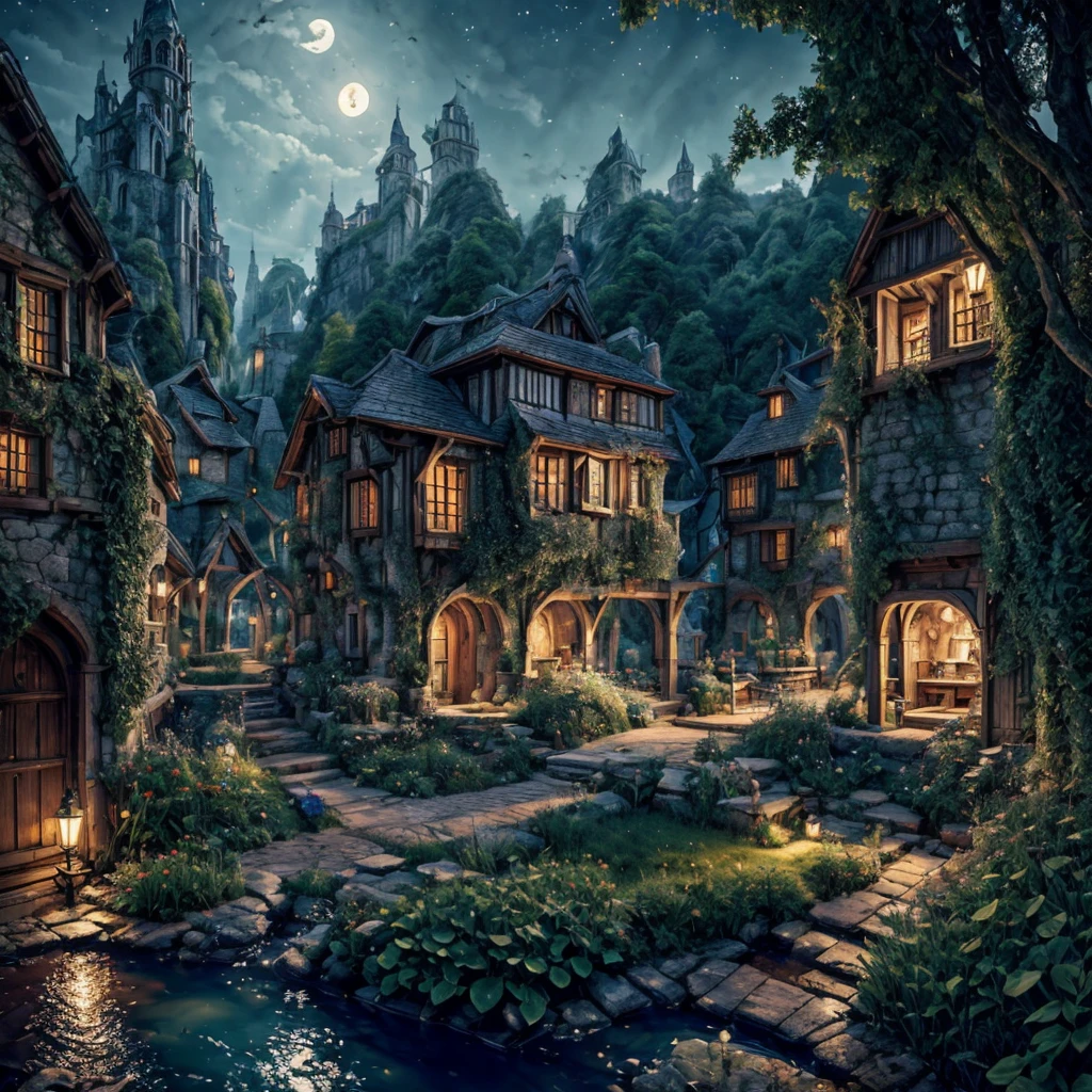 Una impresionante ilustración de un oasis en una isla bajo la luz de la luna., isekai de otro mundo lleno de magia, En ultra alta resolución, mejor calidad, escenarios medievales