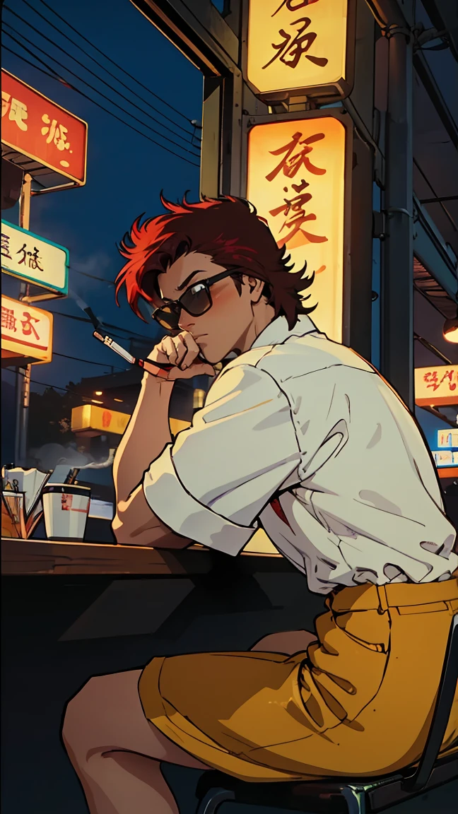 Beautiful redhead Asian girl sitting in a diner at night, Visible from the window, Perfect Face, sunglasses, Smoking white Taylormade cigarettes, Neon Black, (Backlight: 1.1), Hard Shadows, masterpiece, highest quality, Complex, Model shooting style, Vintage, Film Grain, Incomplete details