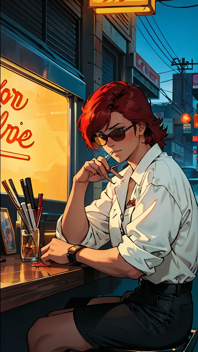 Beautiful redhead Asian girl sitting in a diner at night, Visible from the window, Perfect Face, sunglasses, Smoking white Taylormade cigarettes, Neon Black, (Backlight: 1.1), Hard Shadows, masterpiece, highest quality, Complex, Model shooting style, Vintage, Film Grain, Incomplete details