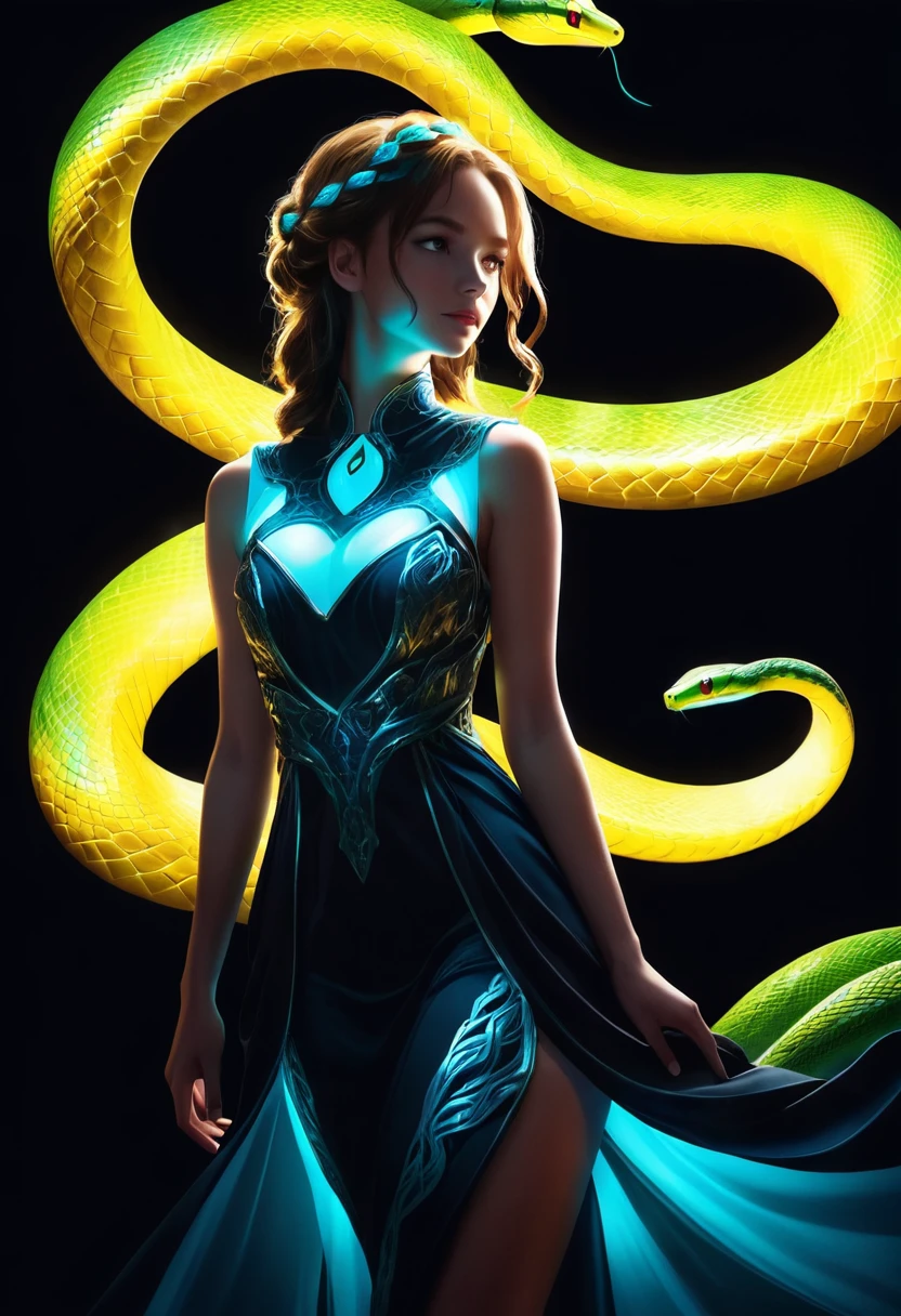 (una serpiente brillante:1.75), Una chica que lleva un vestido, iluminación, fantasía, Fondo negro, Alto detalle, cinematográfico, a todo color