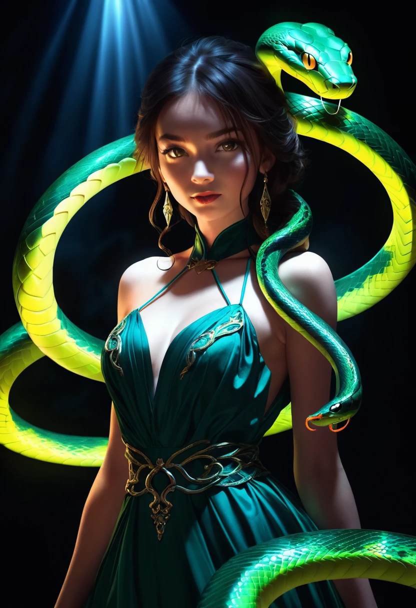 (una serpiente brillante:1.75), Una chica que lleva un vestido, iluminación, fantasía, Fondo negro, Alto detalle, cinematográfico, a todo color