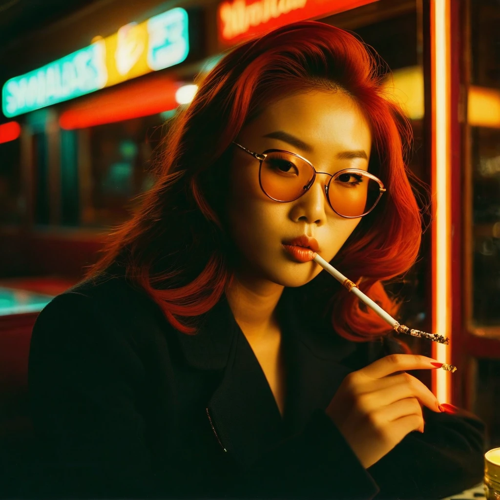 Beautiful redhead Asian girl sitting in a diner at night, Visible from the window, Perfect Face, sunglasses, Smoking white Taylormade cigarettes, Neon Black, (Backlight: 1.1), Hard Shadows, masterpiece, highest quality, Complex, Model shooting style, Vintage, Film Grain, Incomplete details