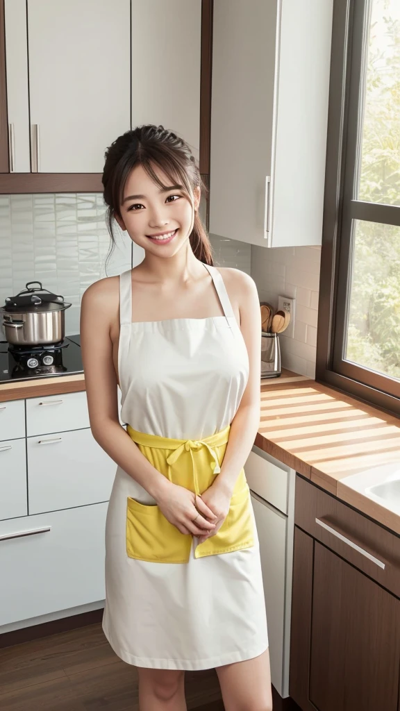 大きくて豊かな胸、(table top、highest quality、8K、Award-winning work、ultra high resolution)、one beautiful woman、(wearing the most natural and perfect apron:1.1)、(naked apron:1.2)、ponytailed hair、(Look at me with your best smile:1.1)、(Show your beautiful teeth and have the best smile:1.1)、perfect beautiful teeth、emphasize body line、(bust up photo:1.1)、(Photo above the waist:1.2)、big breasts、(The most natural and practical kitchen:1.1)、(Perfectly organized and clean kitchen:1.1)、(modern and elegant kitchen:1.1)、(Perfect kitchen with state-of-the-art induction:1.1)、(Beautiful modern kitchen with a unified feel:1.1)、(very bright:1.2)、(very bright and vivid:1.2)、bright、very bright、that&#39;It&#39;s very vivid、the most vivid、High chroma、radiant beautiful skin、A refreshing and beautiful perfect window、ultra high resolutionのperfect beautiful teeth、(Ultra high definition glossy skin:1.1)、(very brightly lit、bright and glowing skin:1.2)、Super high-definition sparkling eyes、(accurate anatomy:1.1)、(the most elegant and perfect posture:1.1)、big breasts