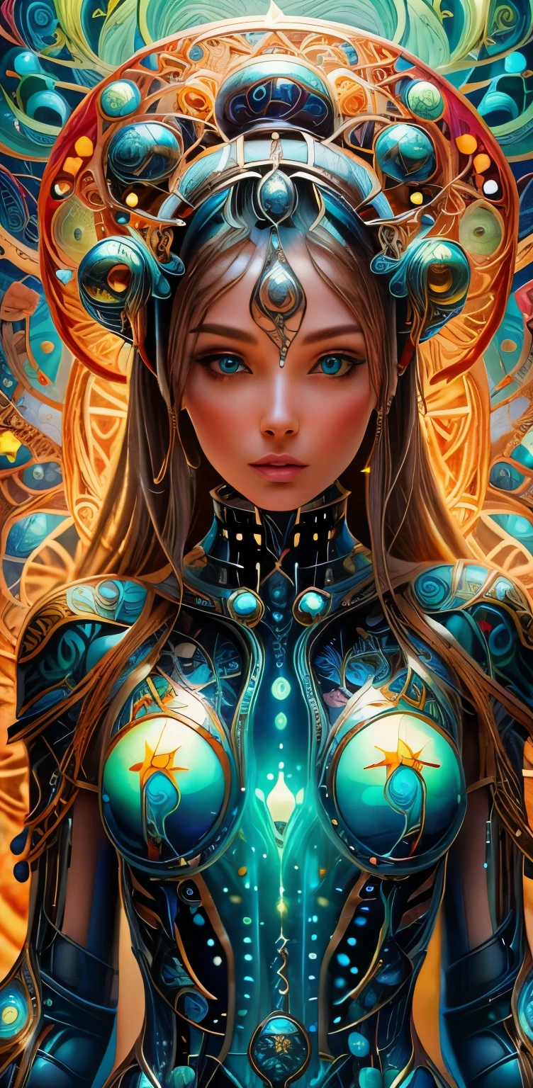 A glass-like alien floral monument bioluminescence , humanoid structure entangled in a star light back ground, is displayed in out realms, stary background, concept art, feminine beauty, god, (best quality,8K,highres,masterpiece), ultra-detailed, (surreal portrait of flawless Android beauty), The Android's long, messy "hair" consists of intricate circuitry patterns, adding to the surreal and futuristic aesthetic. 