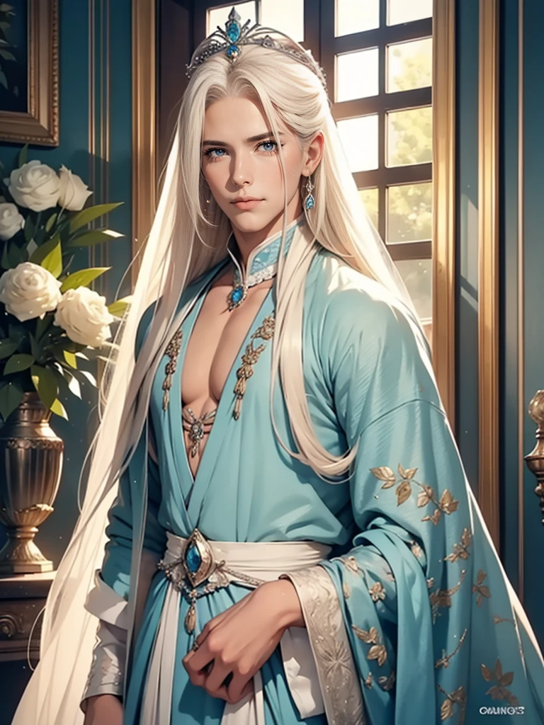 A tall, handsome, statuesque, masculine adult man is platinum blonde, he has blue eyes, long straight platinum hair, he is dressed in antique royal clothes, next to him stands an incredibly beautiful, fragile, delicate, young blonde woman, blue eyes, long golden hair, long bangs, she is dressed in antique royal clothes clothes, lots of bland jewelry, a tiara. Masterpiece, beautiful face, beautiful facial features, perfect image, realistic photos, full-length image, 8k, detailed image, extremely detailed illustration, a real masterpiece of the highest quality, with careful drawing. glow.