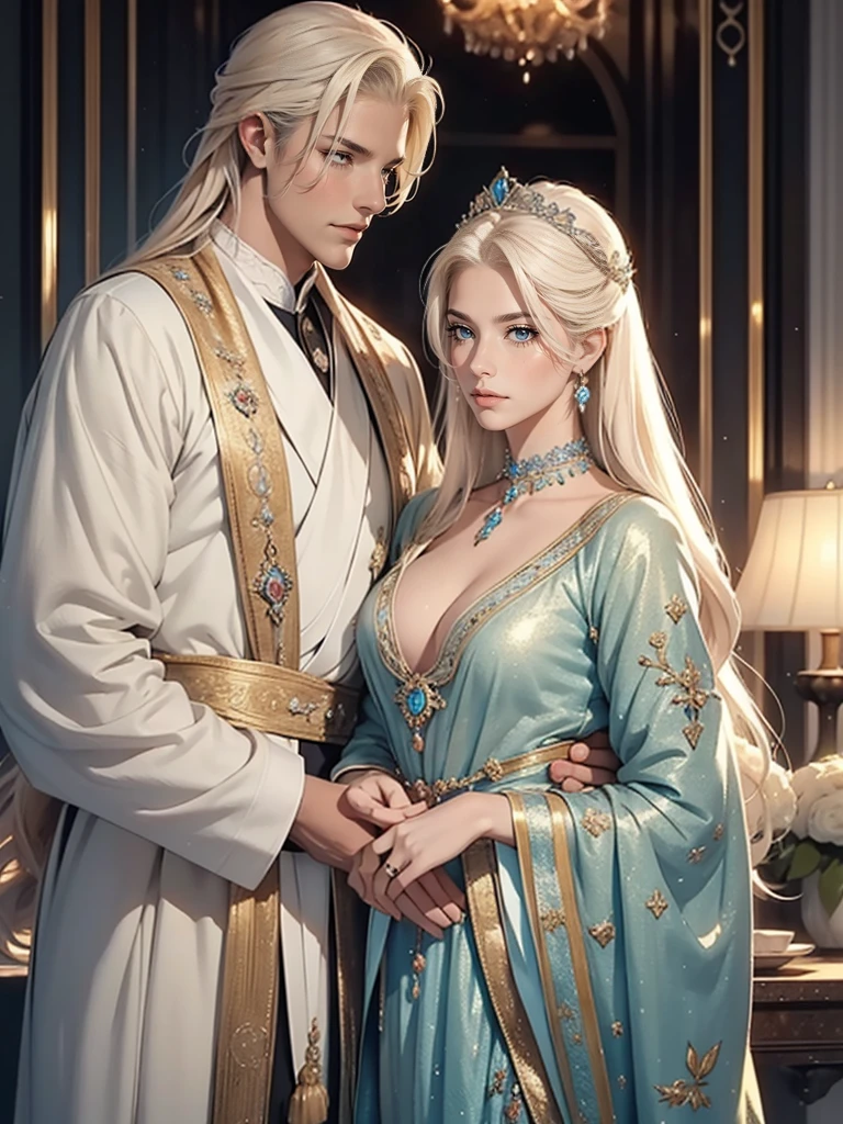 A tall, handsome, statuesque, masculine adult man is platinum blonde, he has blue eyes, long straight platinum hair, he is dressed in antique royal clothes, next to him stands an incredibly beautiful, fragile, delicate, young blonde woman, blue eyes, long golden hair, long bangs, she is dressed in antique royal clothes clothes, lots of bland jewelry, a tiara. Masterpiece, beautiful face, beautiful facial features, perfect image, realistic photos, full-length image, 8k, detailed image, extremely detailed illustration, a real masterpiece of the highest quality, with careful drawing. glow.