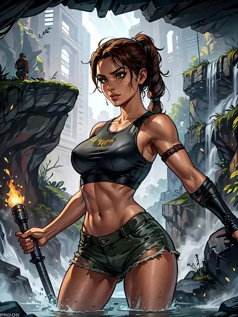 Tomb Raider, Lara Croft inside a cave that spreads around the site with a torch in her hand, toples, small and ripped shorts, wa...